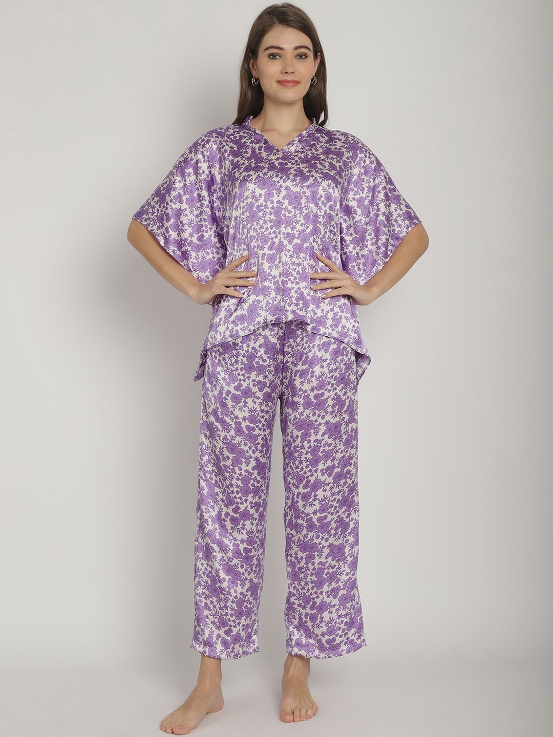 

Blissence Women Satin Floral Printed Kaftan Night suit, Purple