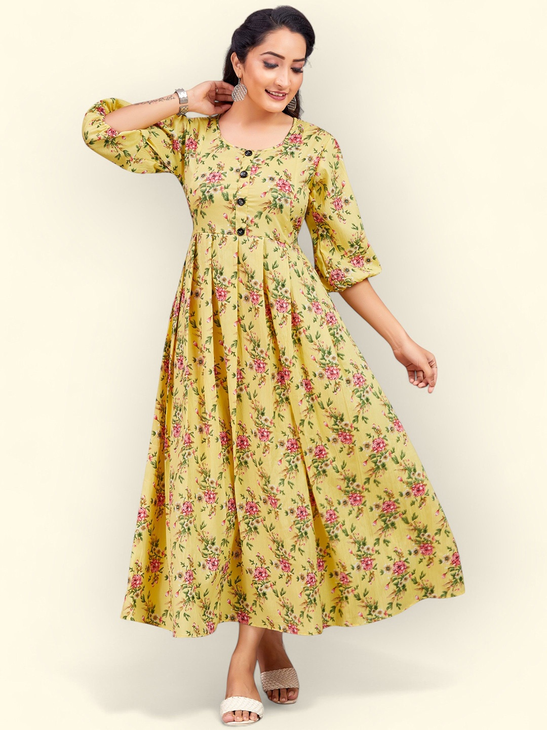 

PAMPER YOURSELF Floral Print Georgette Fit & Flare Maxi Dress, Yellow