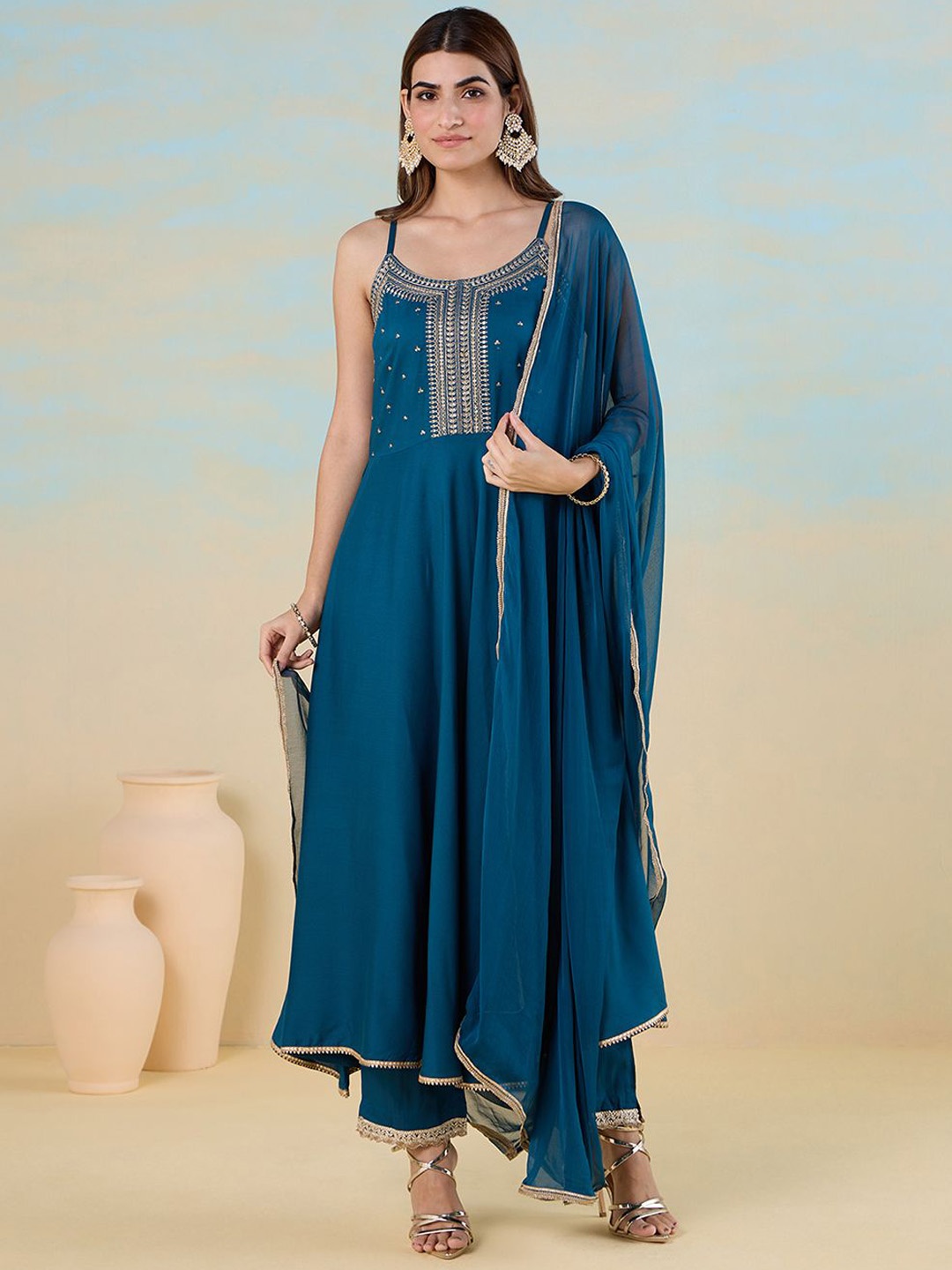 

Likha Women Embroidered Regular Sequinned Kurta with Pyjamas & With Dupatta, Teal
