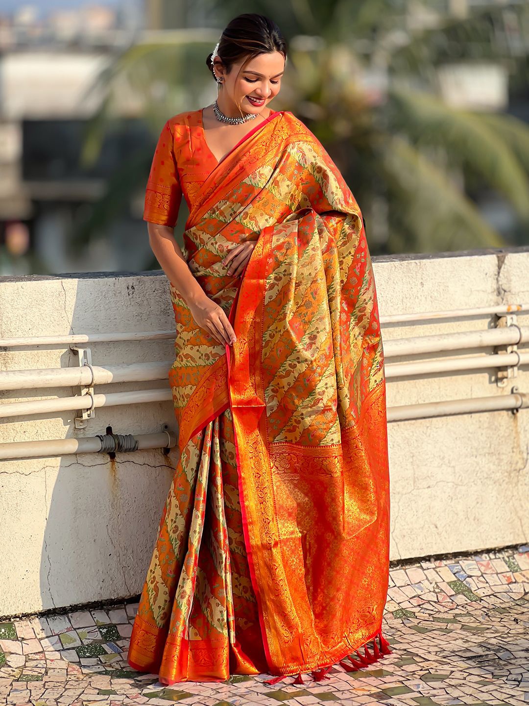 

Mitera Woven Design Zari Dharmavaram Saree, Red