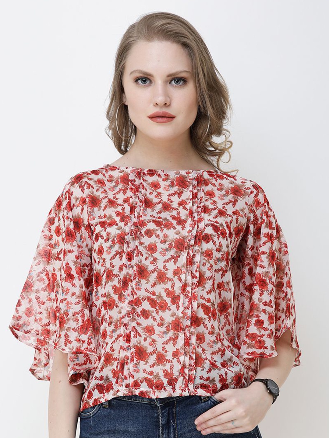 

BAESD Floral Print Flared Sleeve Georgette Top, Red