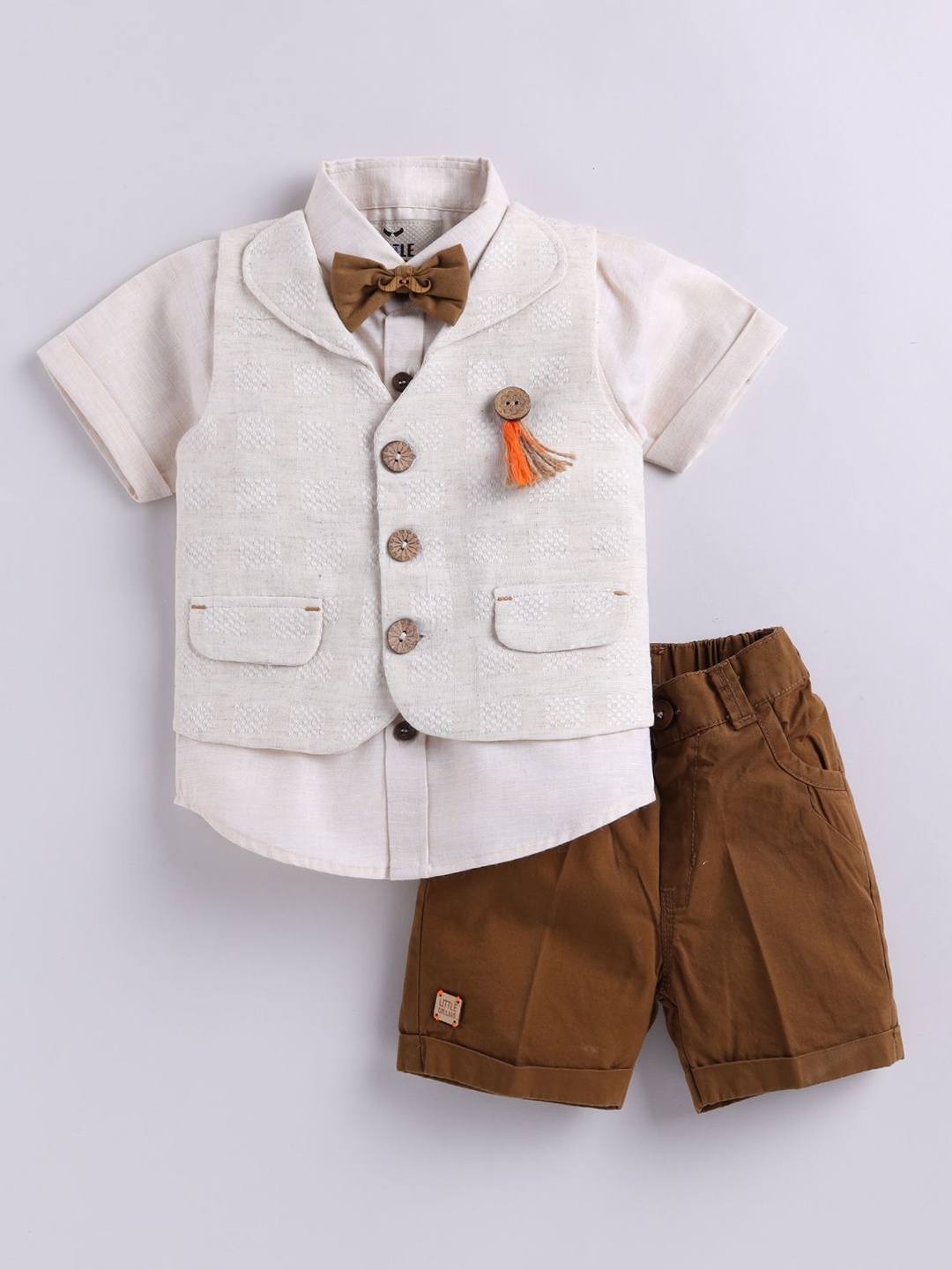 

LITTLE COLLARS Boys Printed Shirt with Shorts, Cream