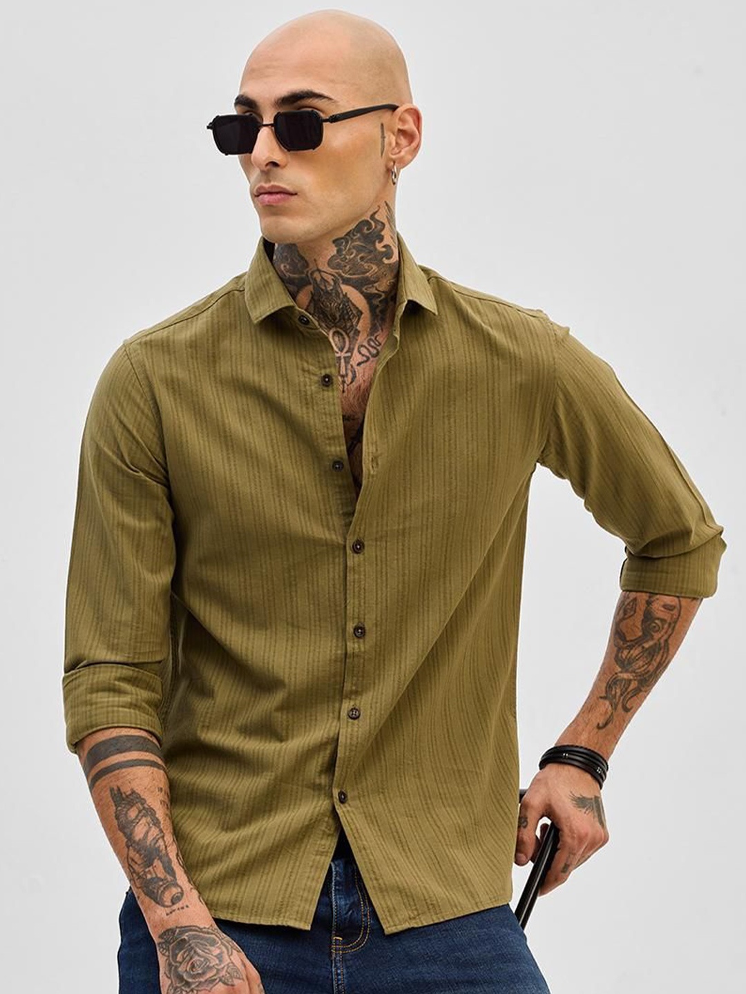 

Snitch Men Smart Slim Fit Opaque Striped Casual Shirt, Olive