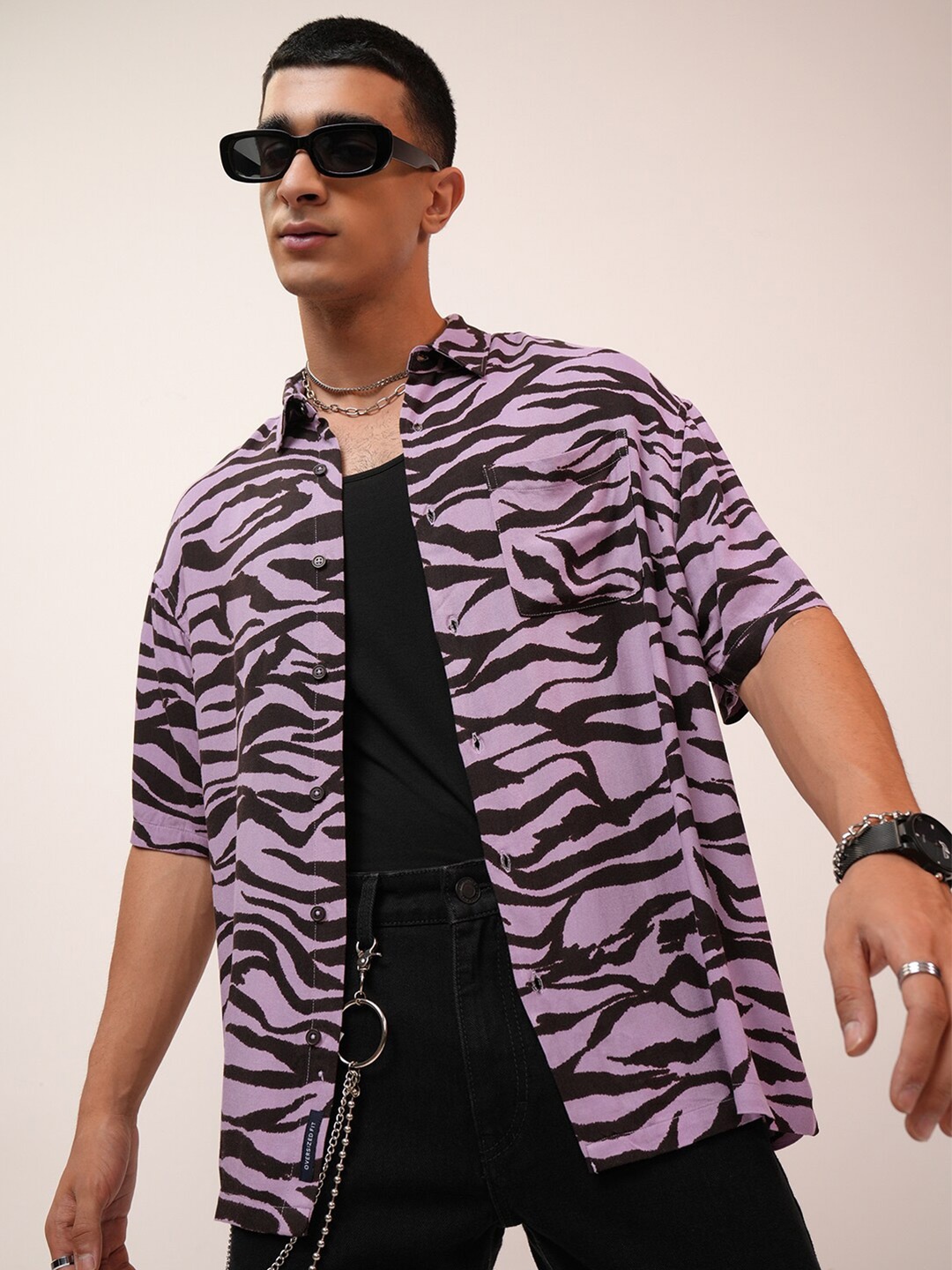 

Highlander Men Reg Collar All over printed Oversized Shirt, Lavender