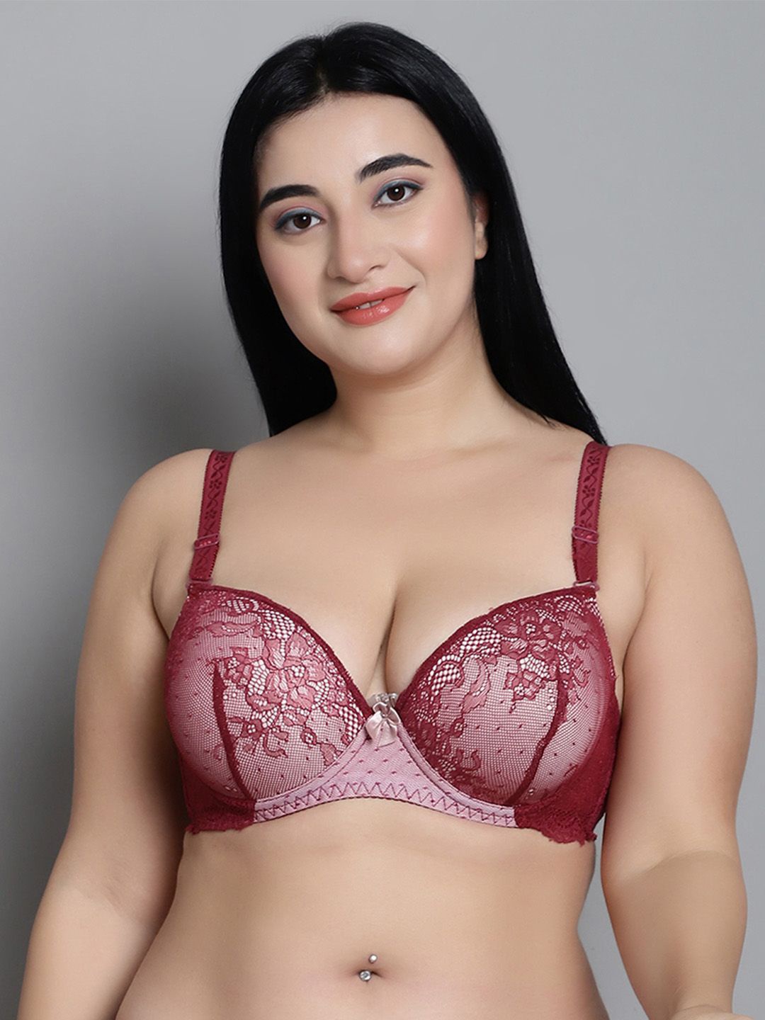 

MAKCLAN Floral Bra Medium Coverage Underwired Lightly Padded, Red