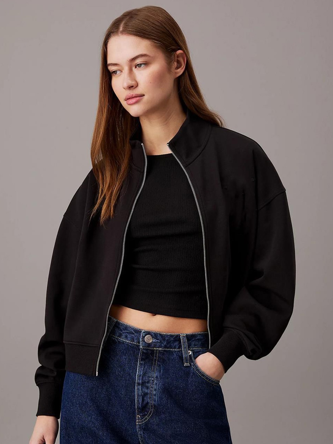 

Kotty Women High Neck Front-Open Sweatshirt, Black