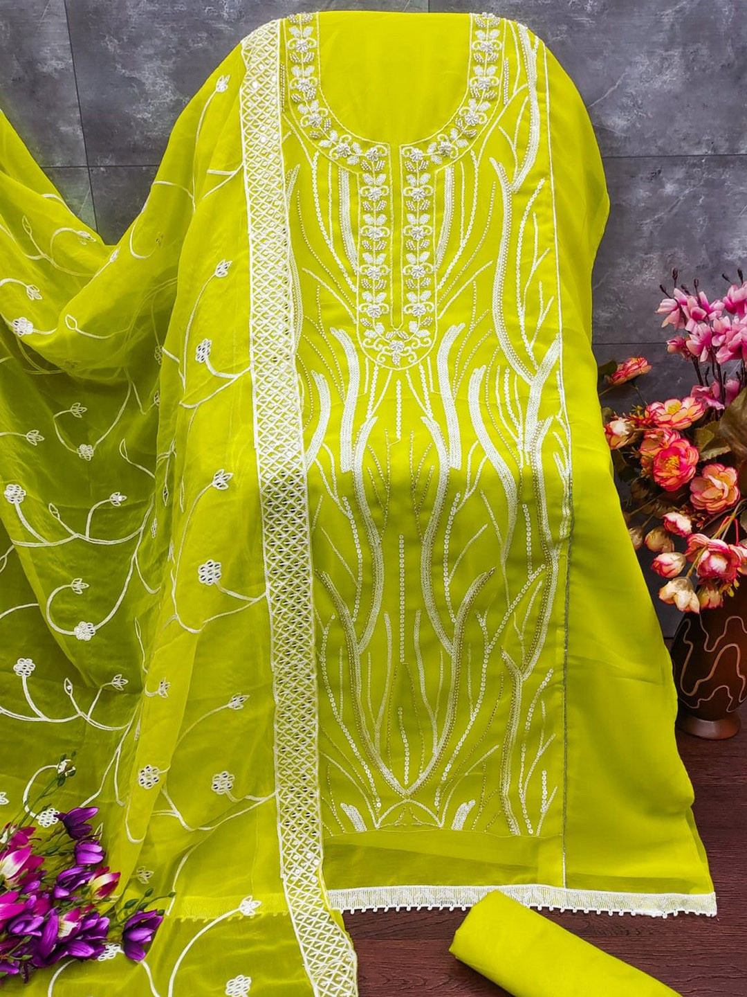 

mimi design Silk Georgette Unstitched Dress Material, Sea green
