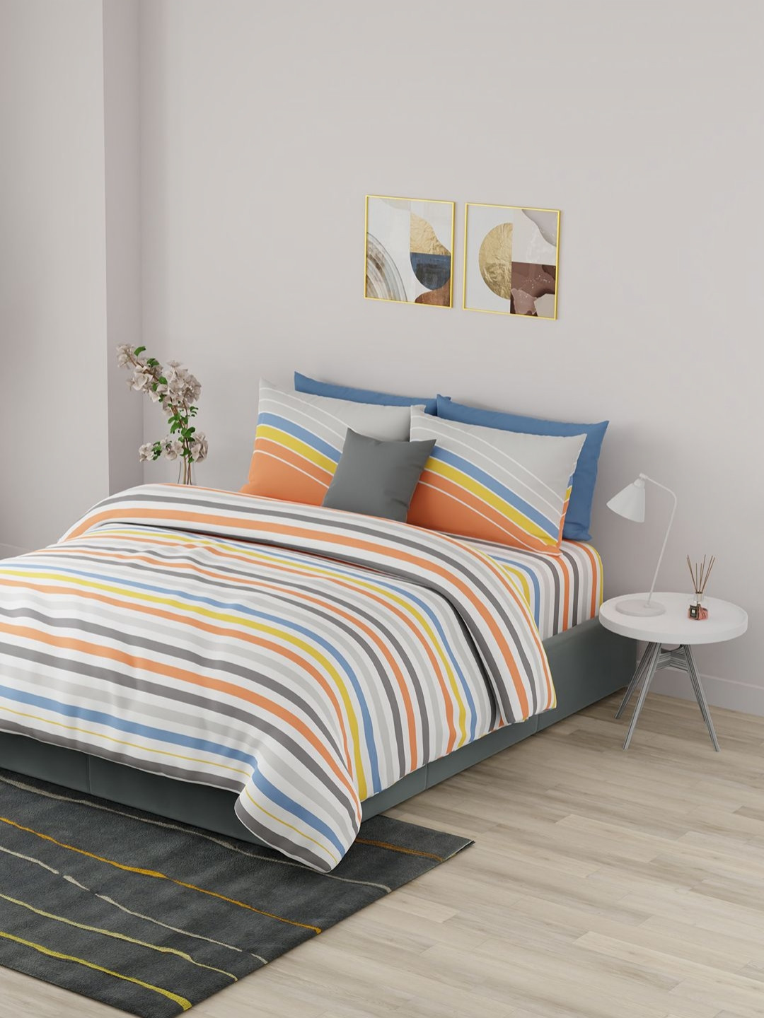 

United Colors of Benetton Orange & White Striped 210 TC King Bedsheet with 2 Pillow Covers