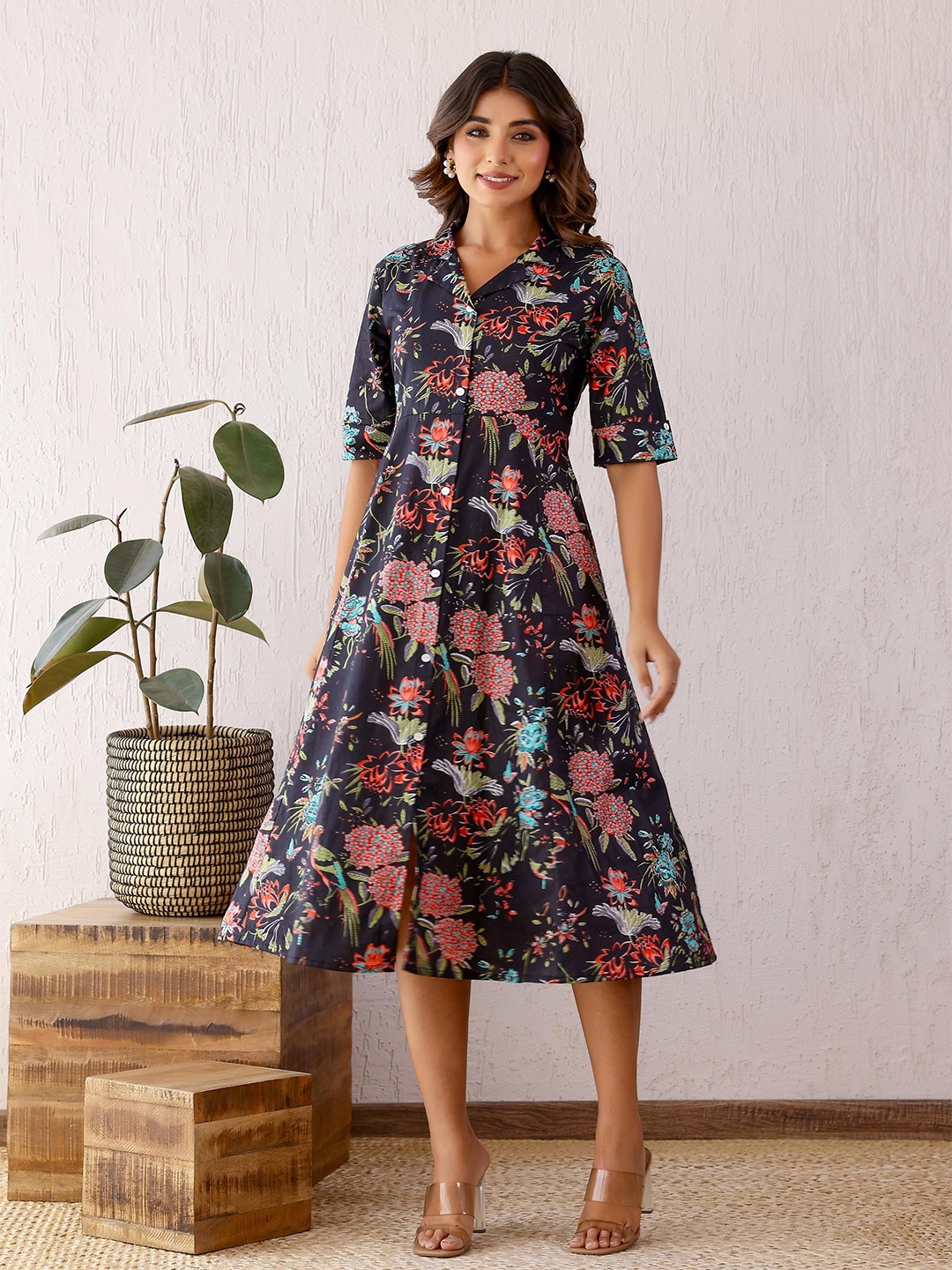 

FLAVIA CREATION Women Floral Printed Cotton Fit & Flare Dress, Black