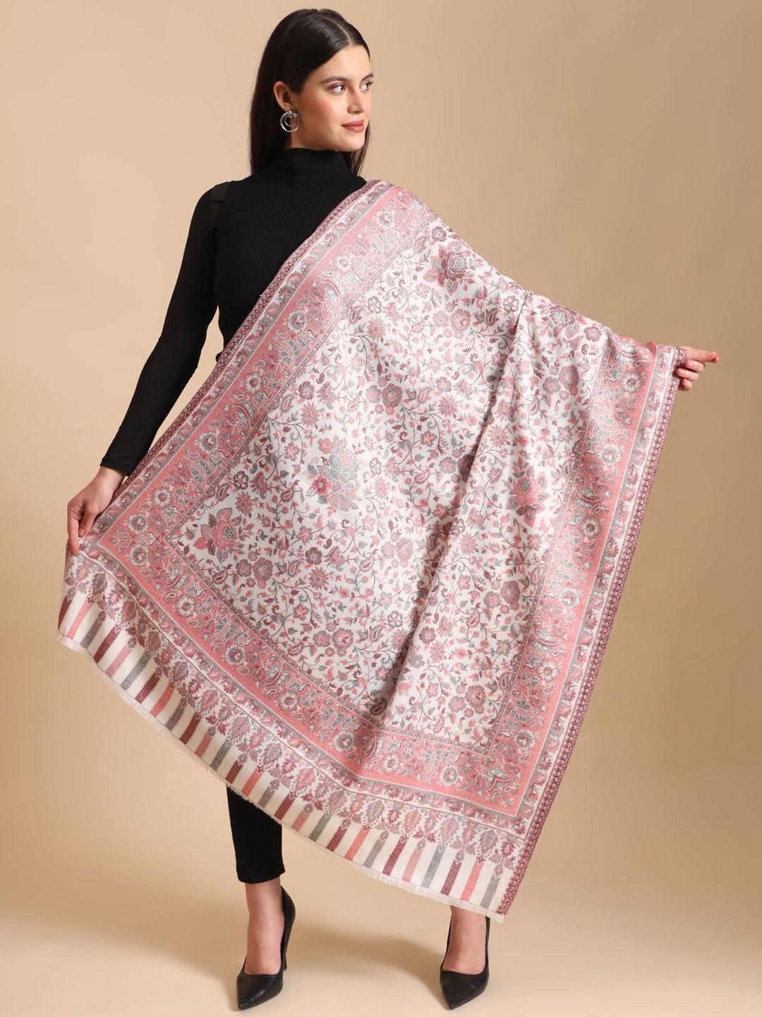 

Zamour Women Floral Woven Design Shawl, White