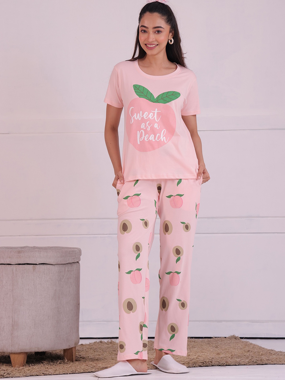 

NAP STORY Peach Printed Half Sleeves T-Shirt and Pyjama Nightsuit Set