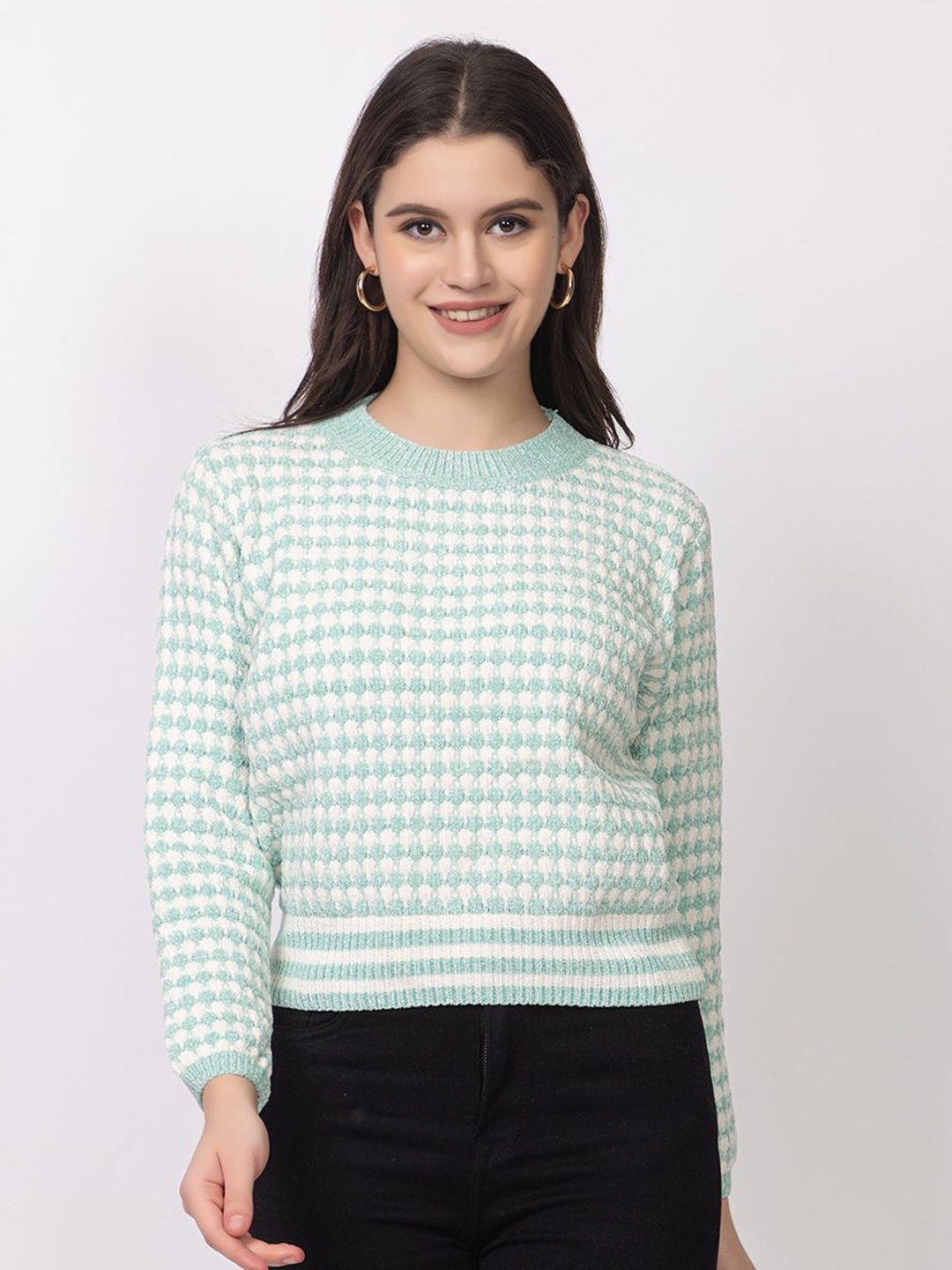 

Lory Women Geometric Self Design Pullover, Green