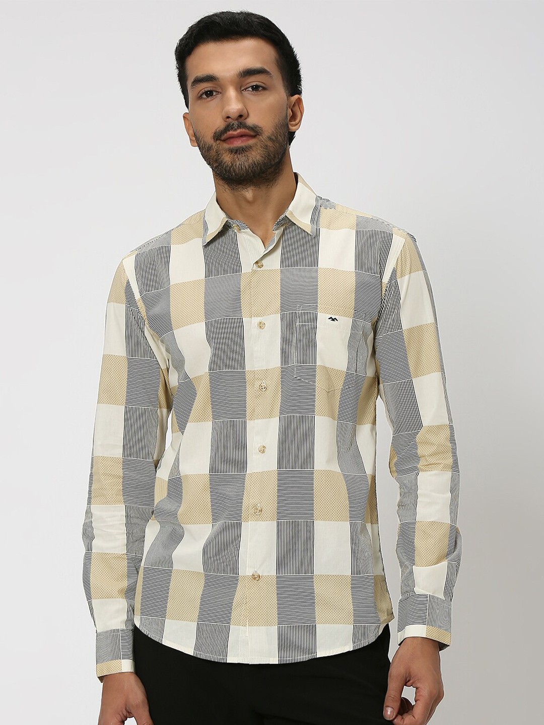 

Mufti Slim Fit Buffalo Checks Spread Collar Long Sleeve Cotton Casual Shirt, Beige