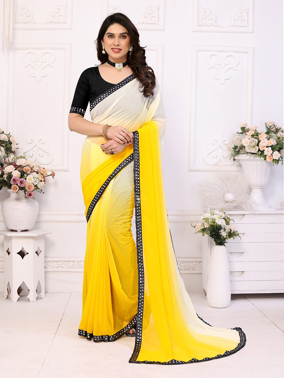 

KAZIA Ombre Sequinned Pure Georgette Saree, Yellow