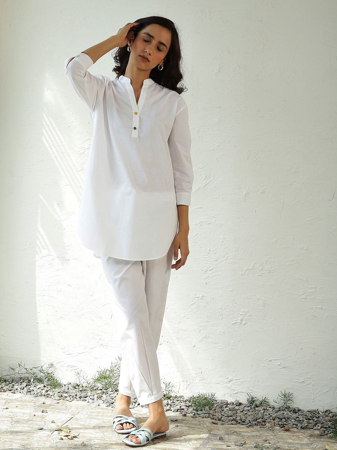 

Canoopi Cotton Mandarin Collar Kurti With Trousers, White