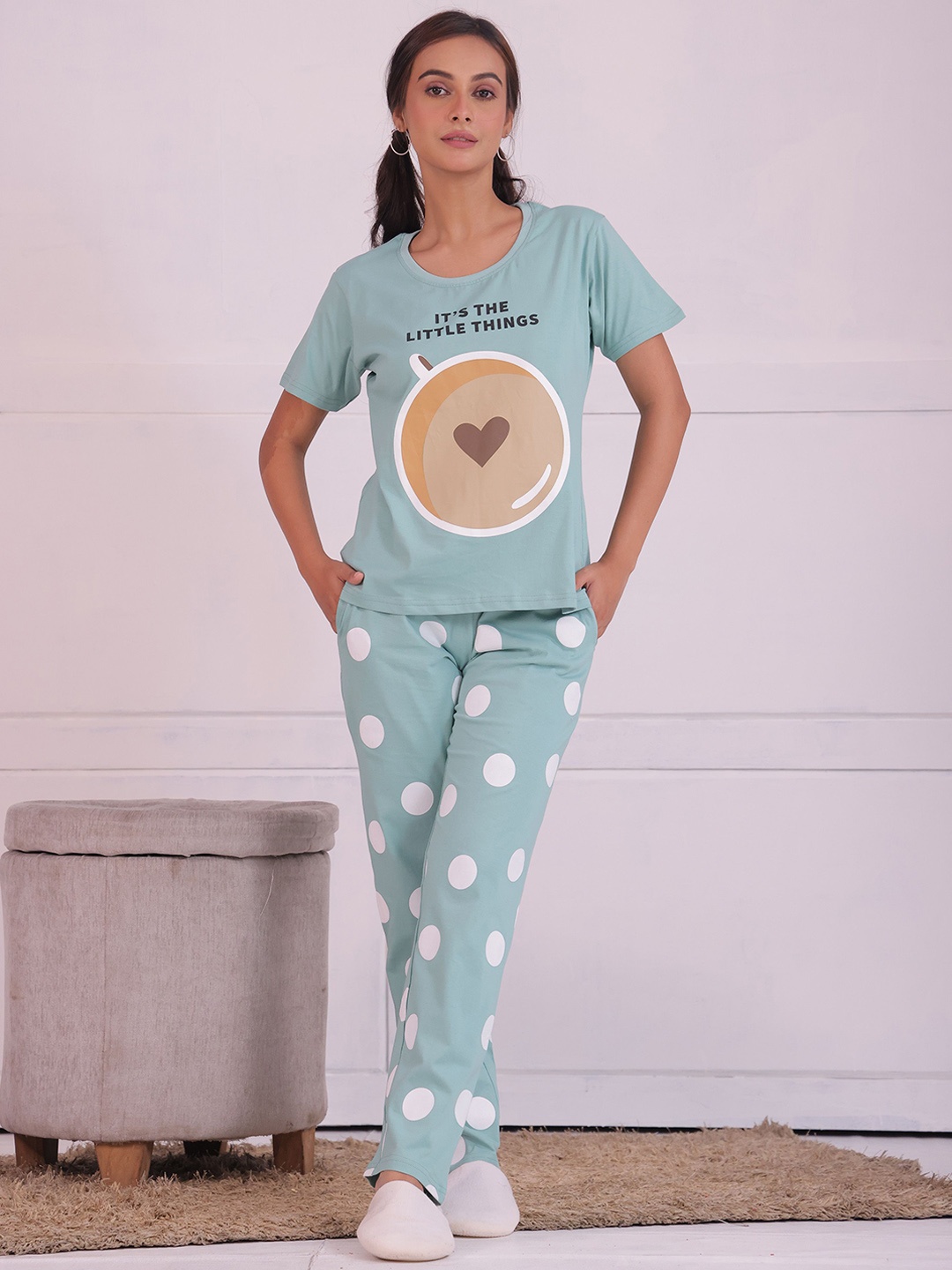 

NAP STORY Cappuccino Polka Printed Half Sleeves T-Shirt and Pyjama Nightsuit Set, Sea green