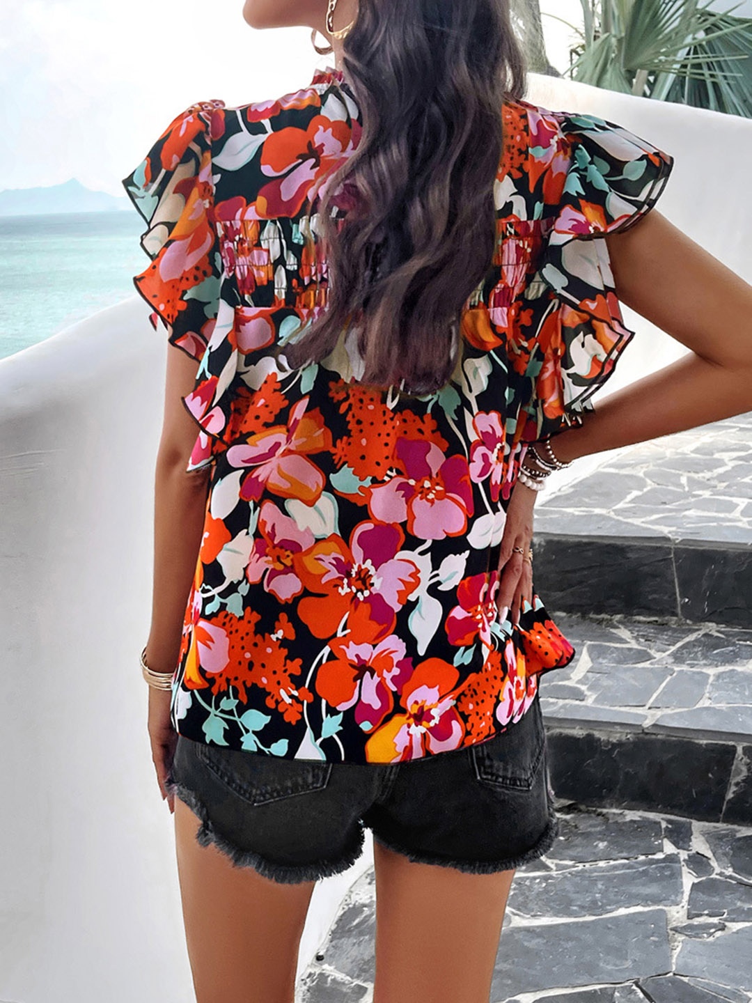 

Mast & Harbour Floral Printed Flutter Sleeve Top, Black