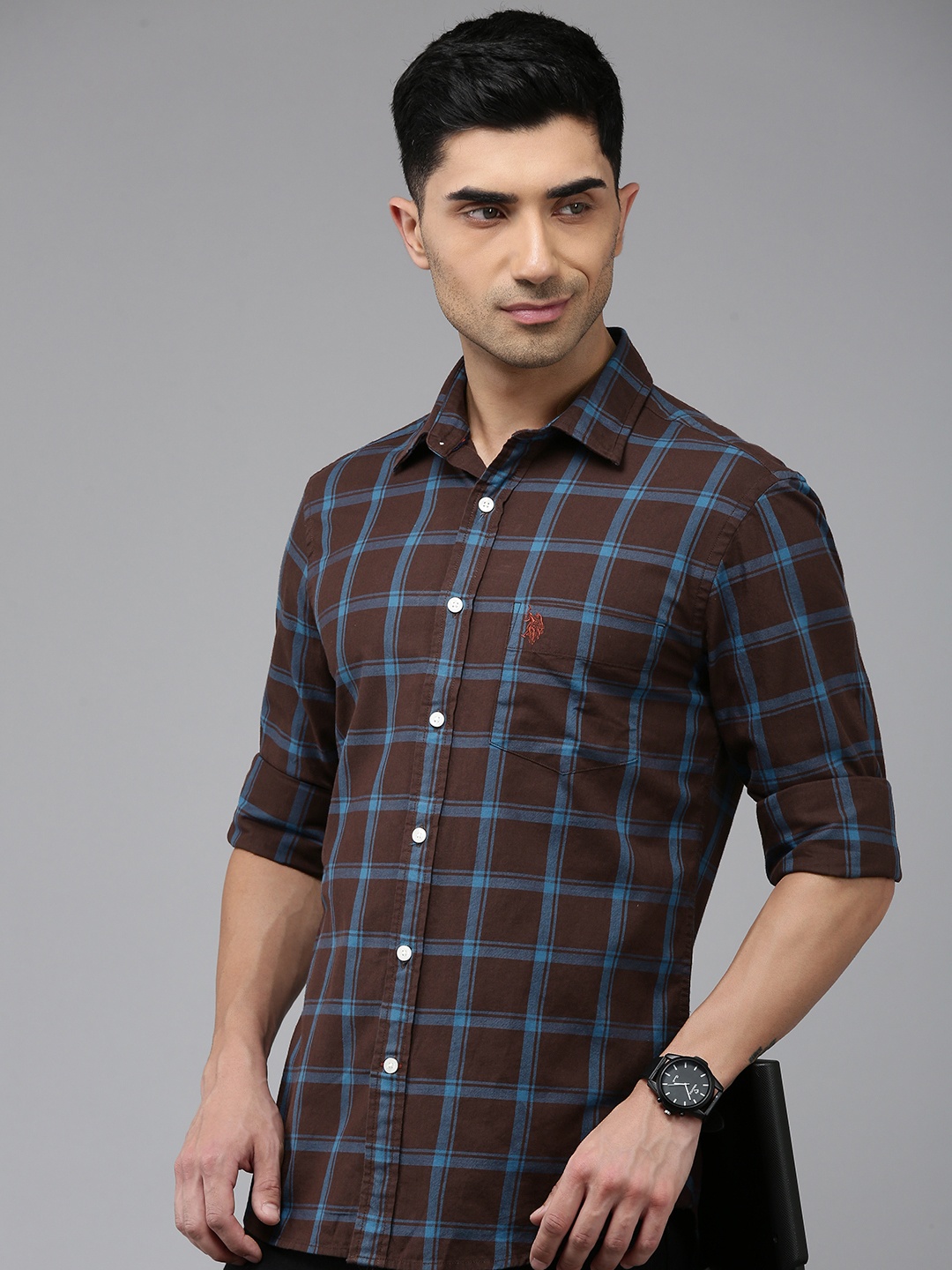 

U.S. Polo Assn. Tailored Fit Checked Pure Cotton Casual Shirt, Brown