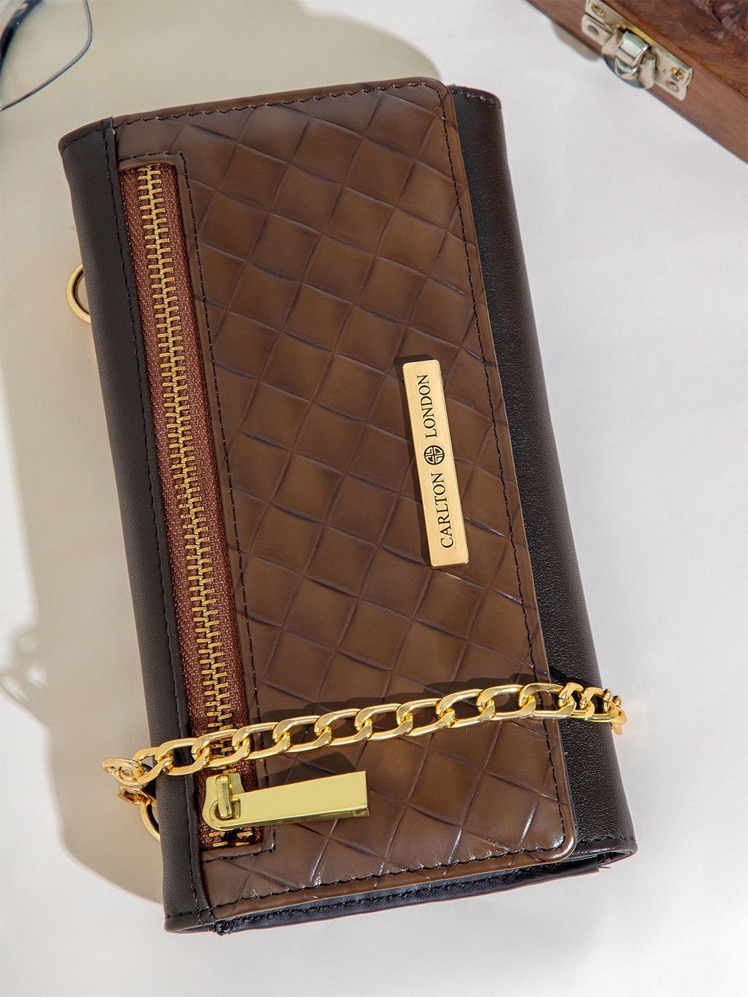 

Carlton London Women Geometric Textured Embellished PU Two Fold Wallet, Brown