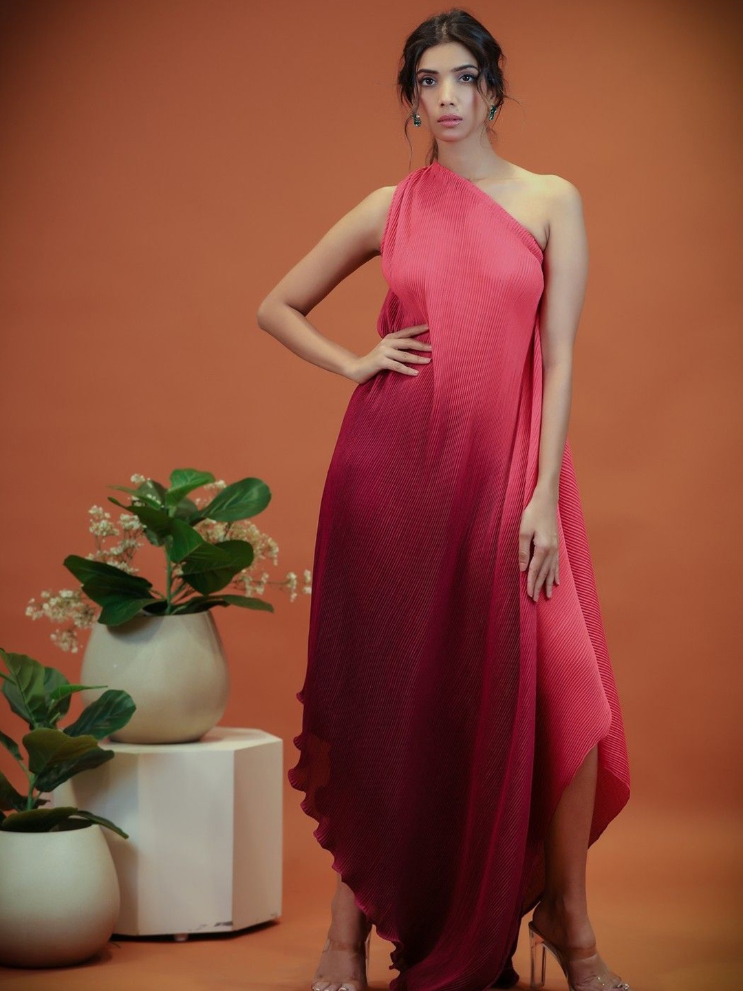 

KINA Tie and Dye One Shoulder Crepe A-Line Maxi Dress, Pink