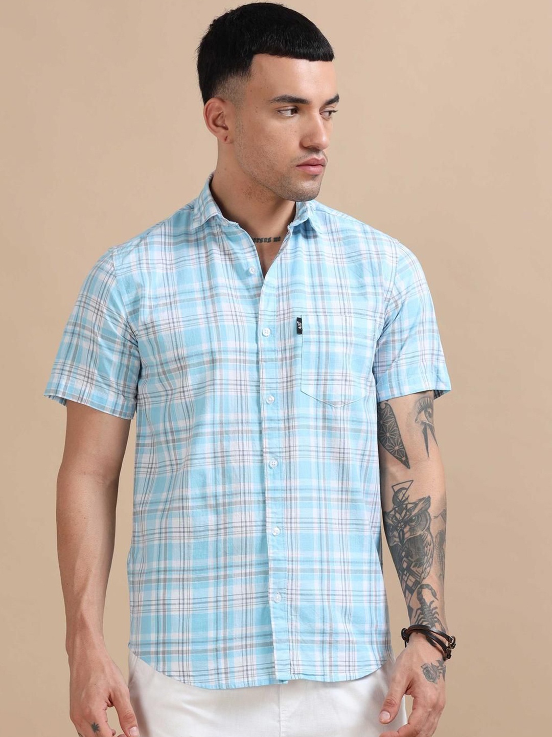 

HOUSE OF MAHNOTS Men Classic Opaque Checked Casual Shirt, Blue