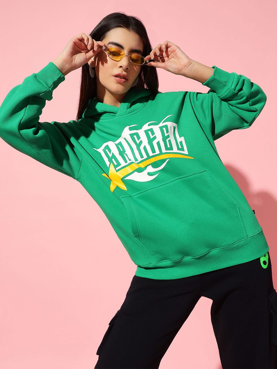 

GRIFFEL Women Brand Logo Printed Hooded Sweatshirt, Green
