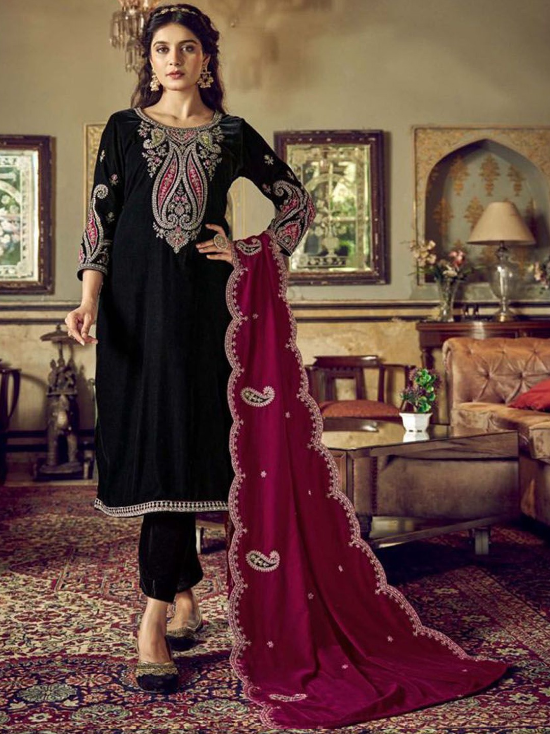 

Clora Creation Embroidered Velvet Unstitched Dress Material, Black