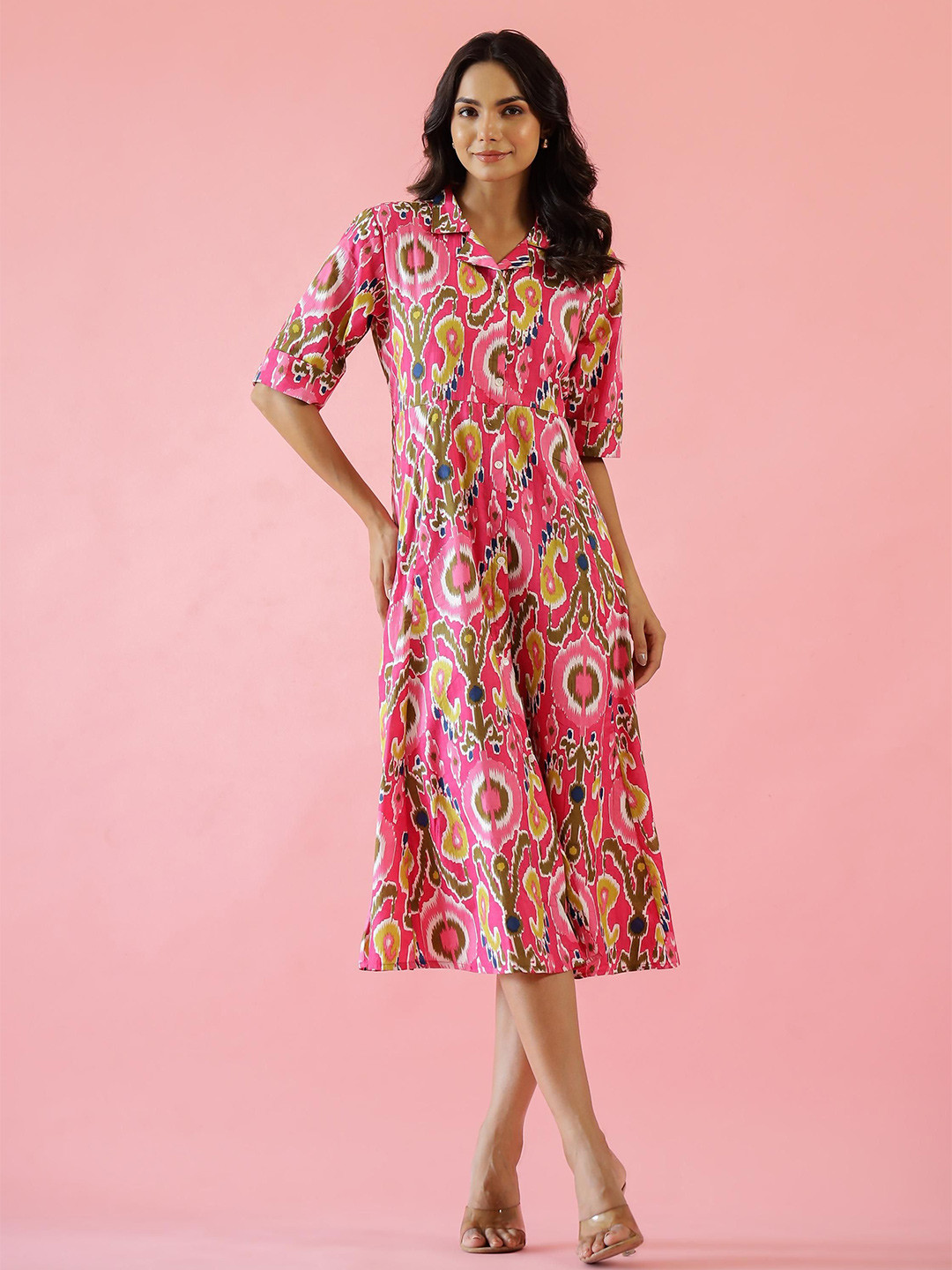 

FLAVIA CREATION Women Cotton Ethnic Motifs Printed A-Line Midi Dress, Pink