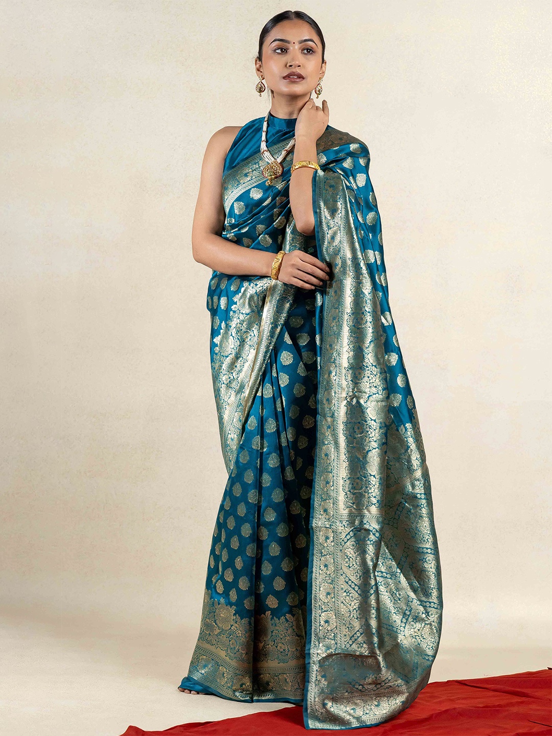 

Subham Ethnic Motifs Zari Banarasi Saree, Turquoise blue