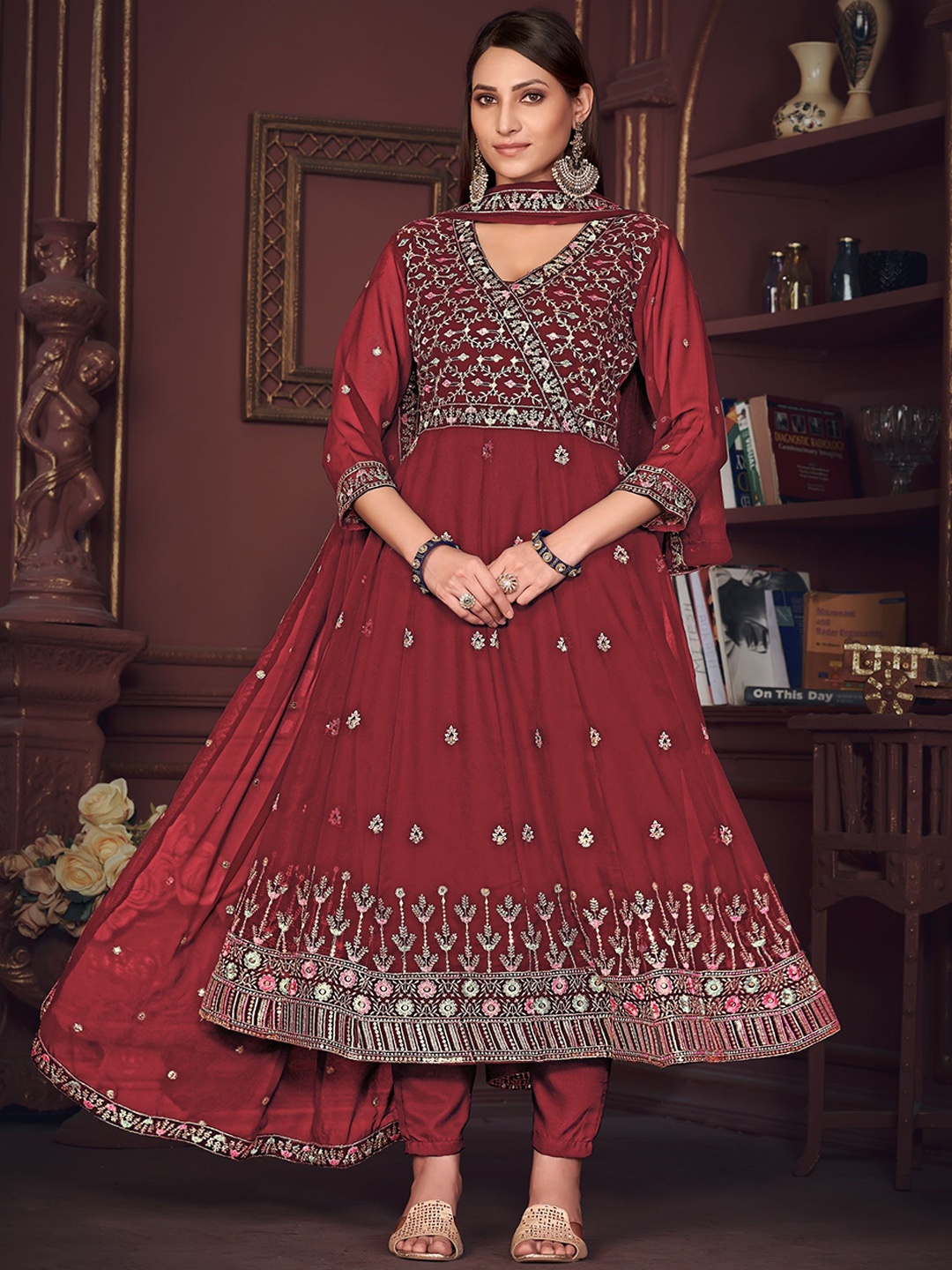 

Warthy Ent Embroidered Semi-Stitched Dress Material, Maroon