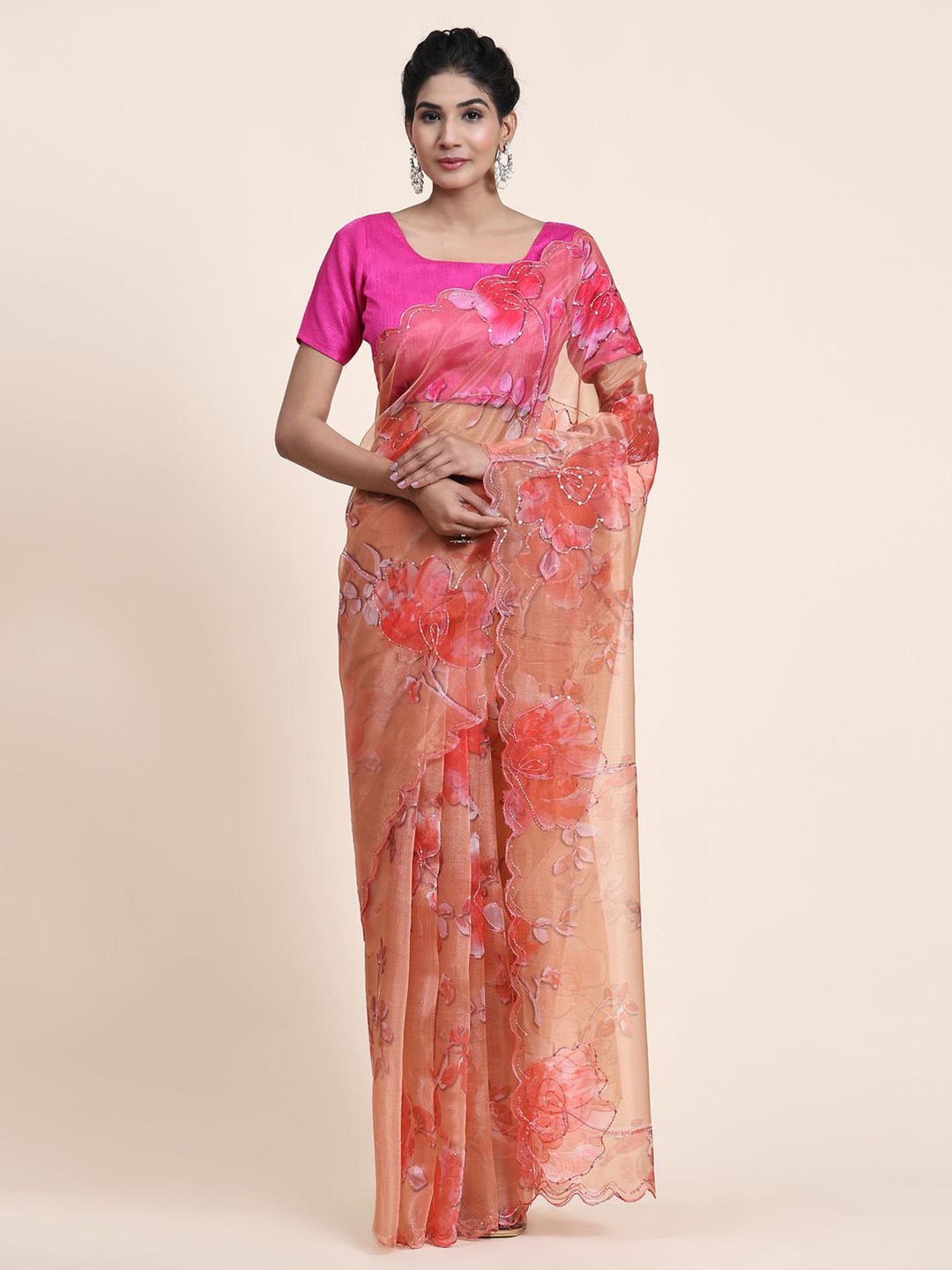 

Anouk Floral Printed Embroidered Organza Saree, Orange