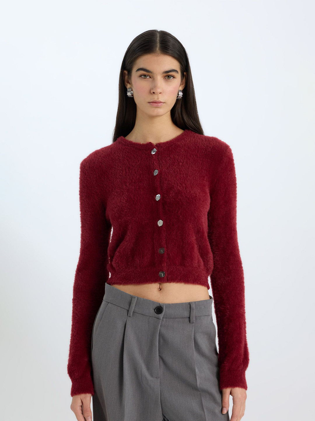 

DeFacto Women Crop Cardigan with Fuzzy Detail, Burgundy