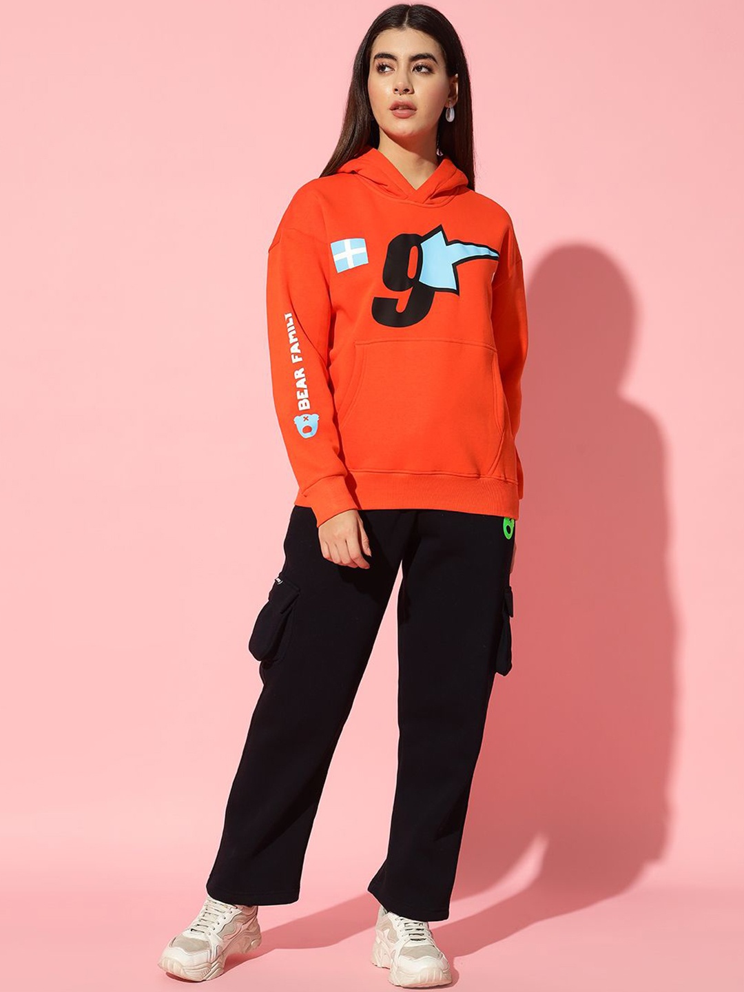 

GRIFFEL Women Pure Cotton Printed Hooded T-shirt & Trousers Co-Ords, Orange