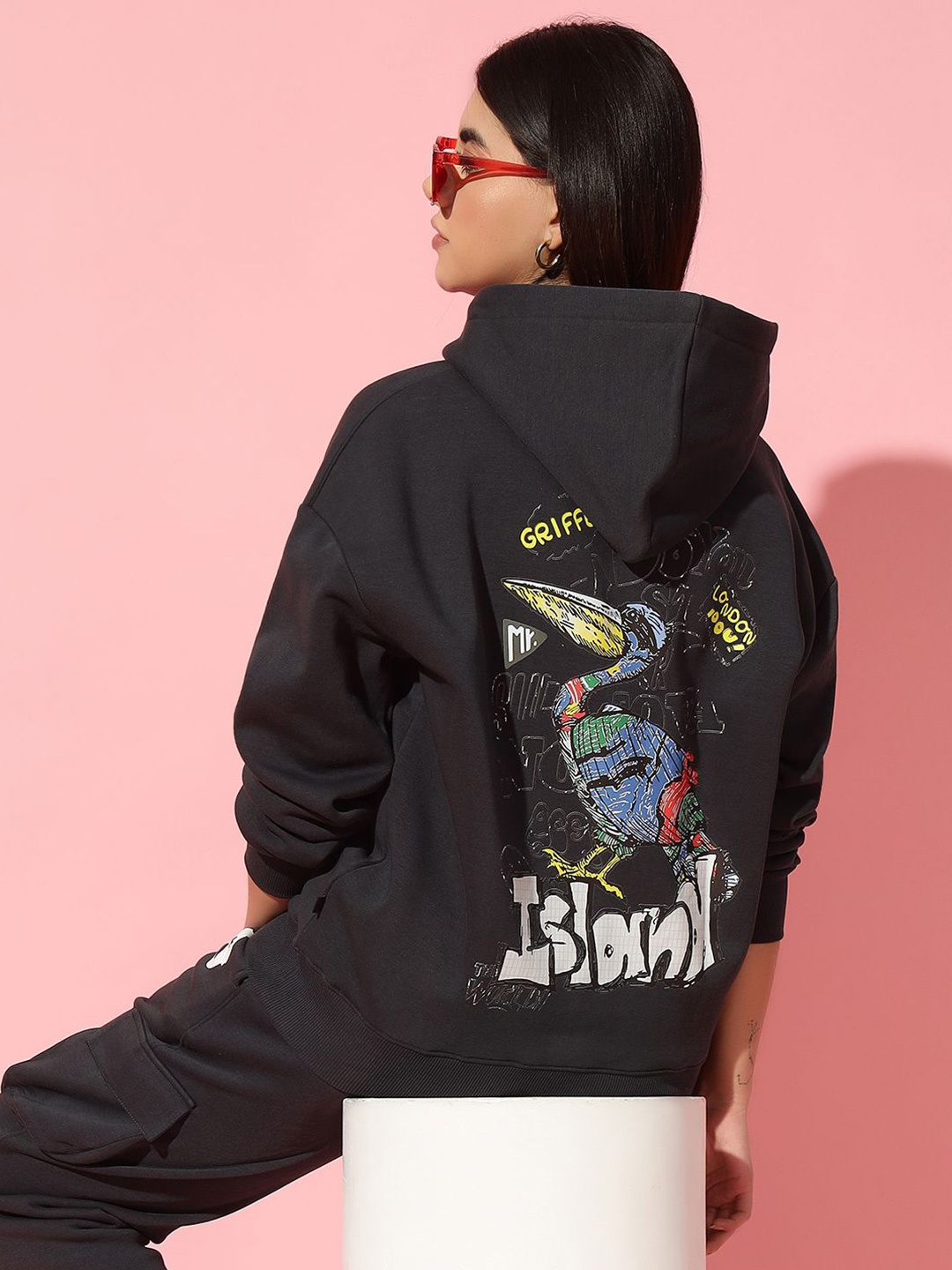 

GRIFFEL Women Graphic Printed Hooded Sweatshirt, Charcoal