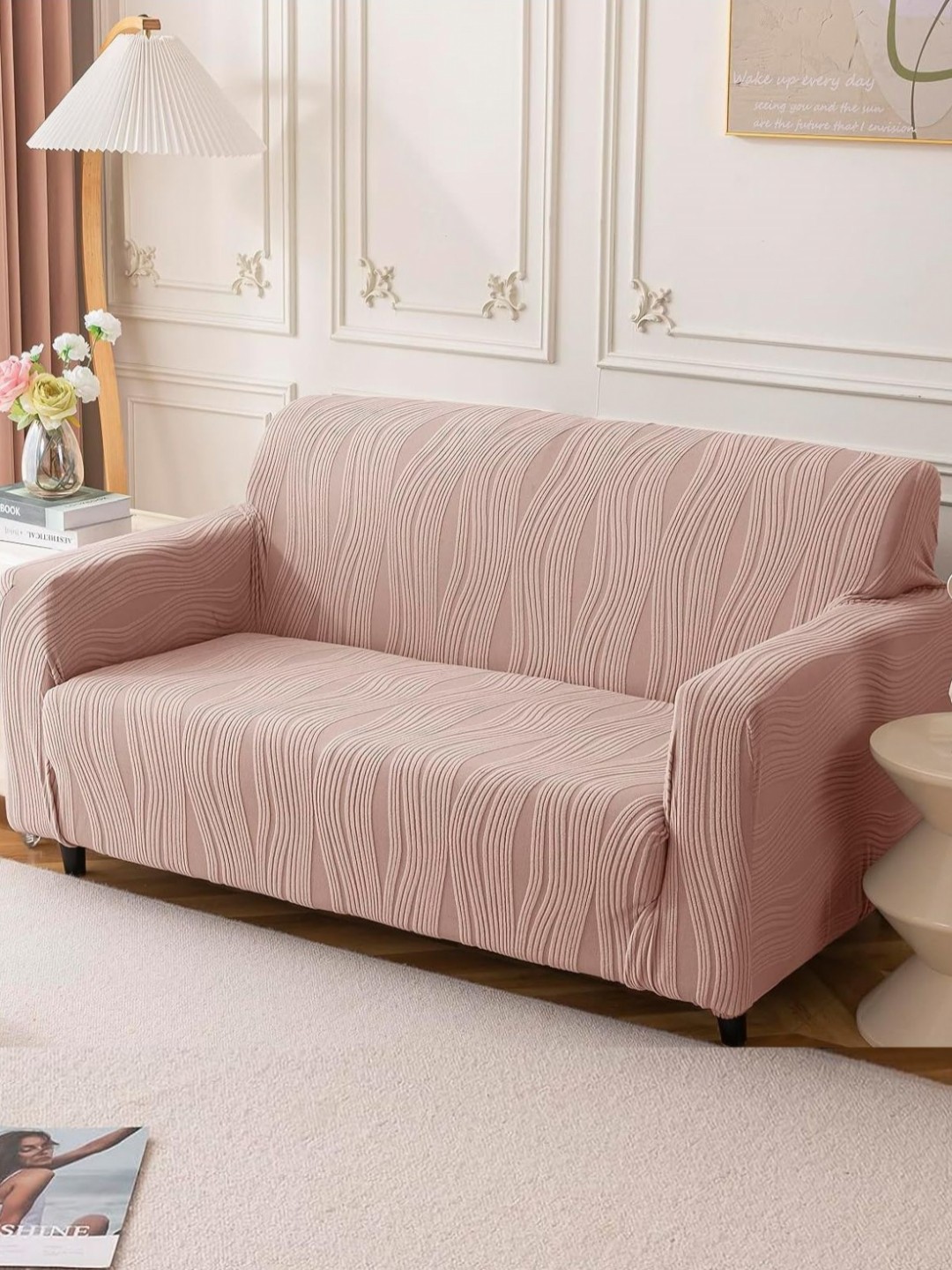 

House Of Quirk Double Seater Jacquard Waterproof Crizzle Pattern Fabric Sofa Cover, Pink
