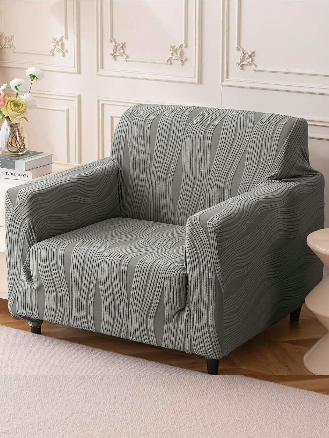 

House Of Quirk Single Seater Jacquard Waterproof Crizzle Pattern Fabric Sofa Cover, Grey