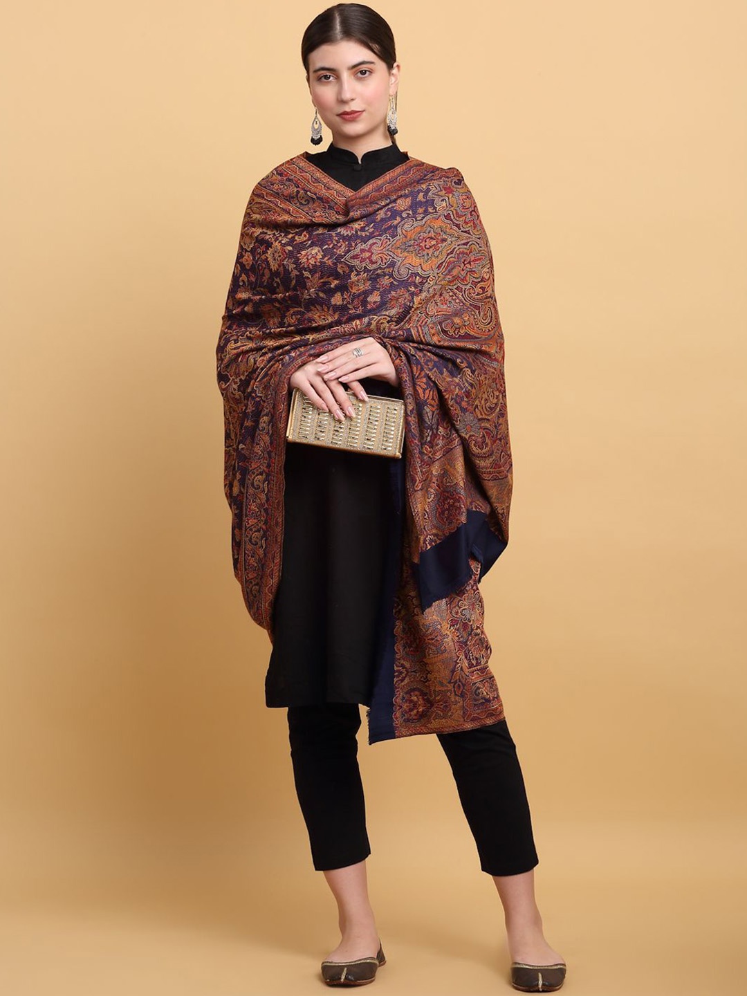 

KRAFT INDIA Women Floral Printed Shawl, Navy blue