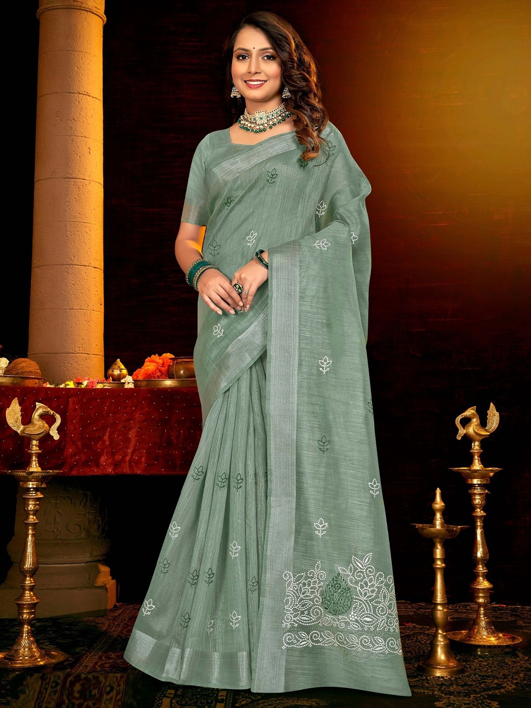 

MAHALASA Ethnic Motifs Embroidered Chanderi Saree, Sea green