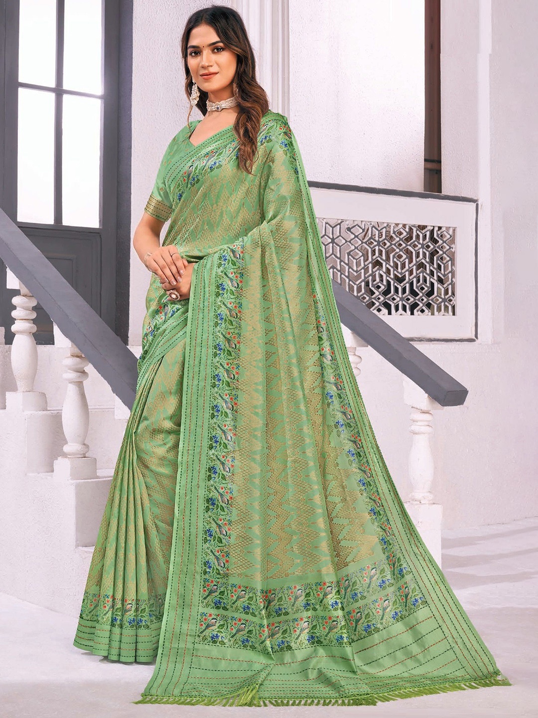 

MAHALASA Ethnic Motifs Zari Kanjeevaram Saree, Green