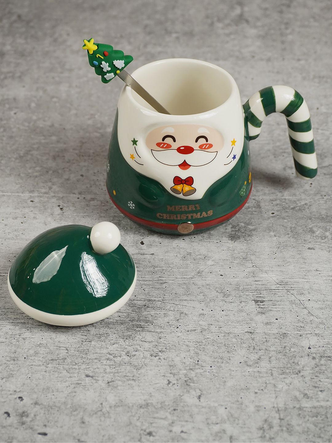 

Little Surprise Box LLP Green Candy Handle Christmas Coffee Mug with Lid & Steel Spoon