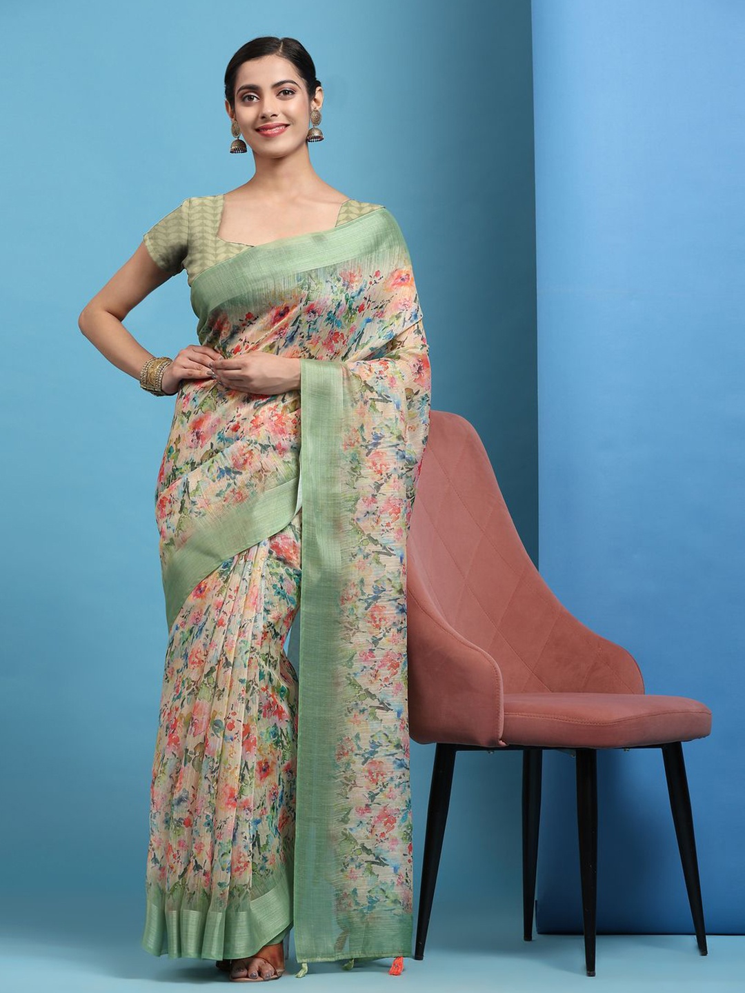 

Anouk Floral Printed Zari Saree with Blouse Piece, Green