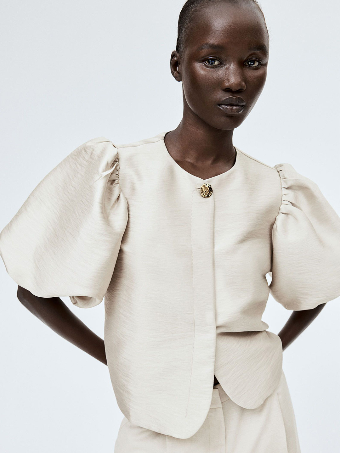 

H&M Women Balloon-Sleeved Blouse, Beige