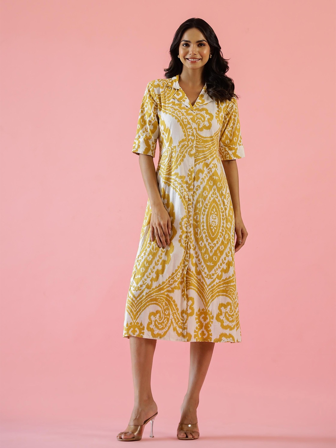 

FLAVIA CREATION Cotton Ethnic Motifs Printed Roll-Up Sleeves Shirt Midi Dress, Yellow