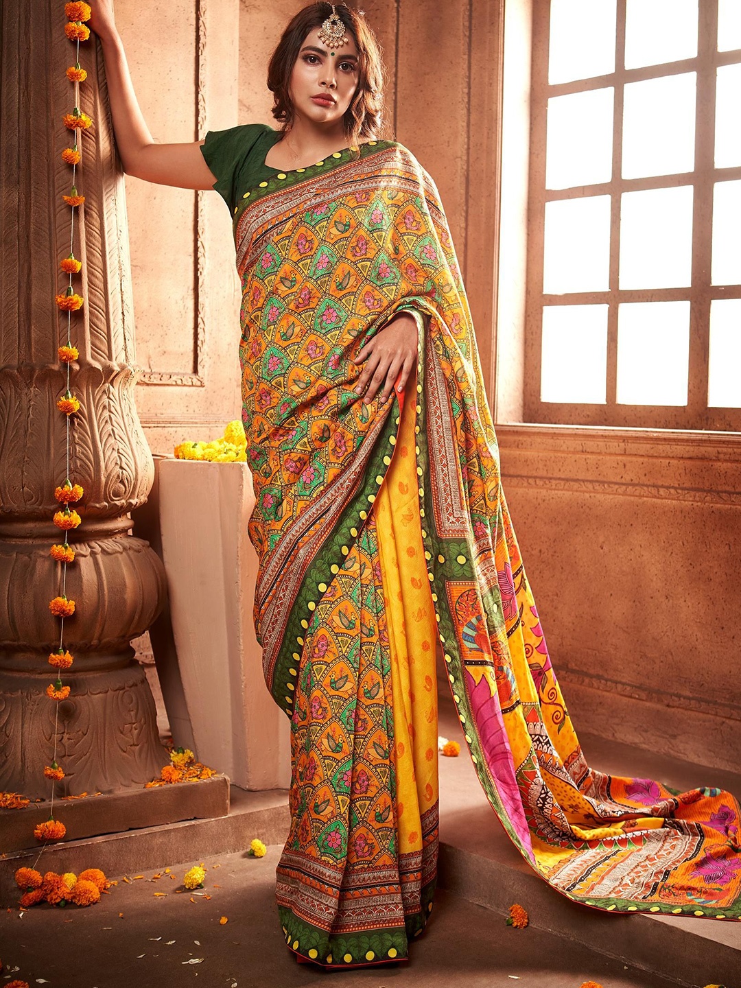 

House of Deepthi Ethnic Motifs Printed Saree With Blouse Piece, Yellow