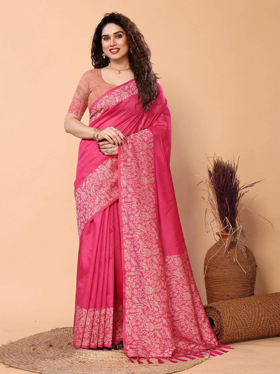 

HEER FASHION Woven Design Handloom Saree, Pink