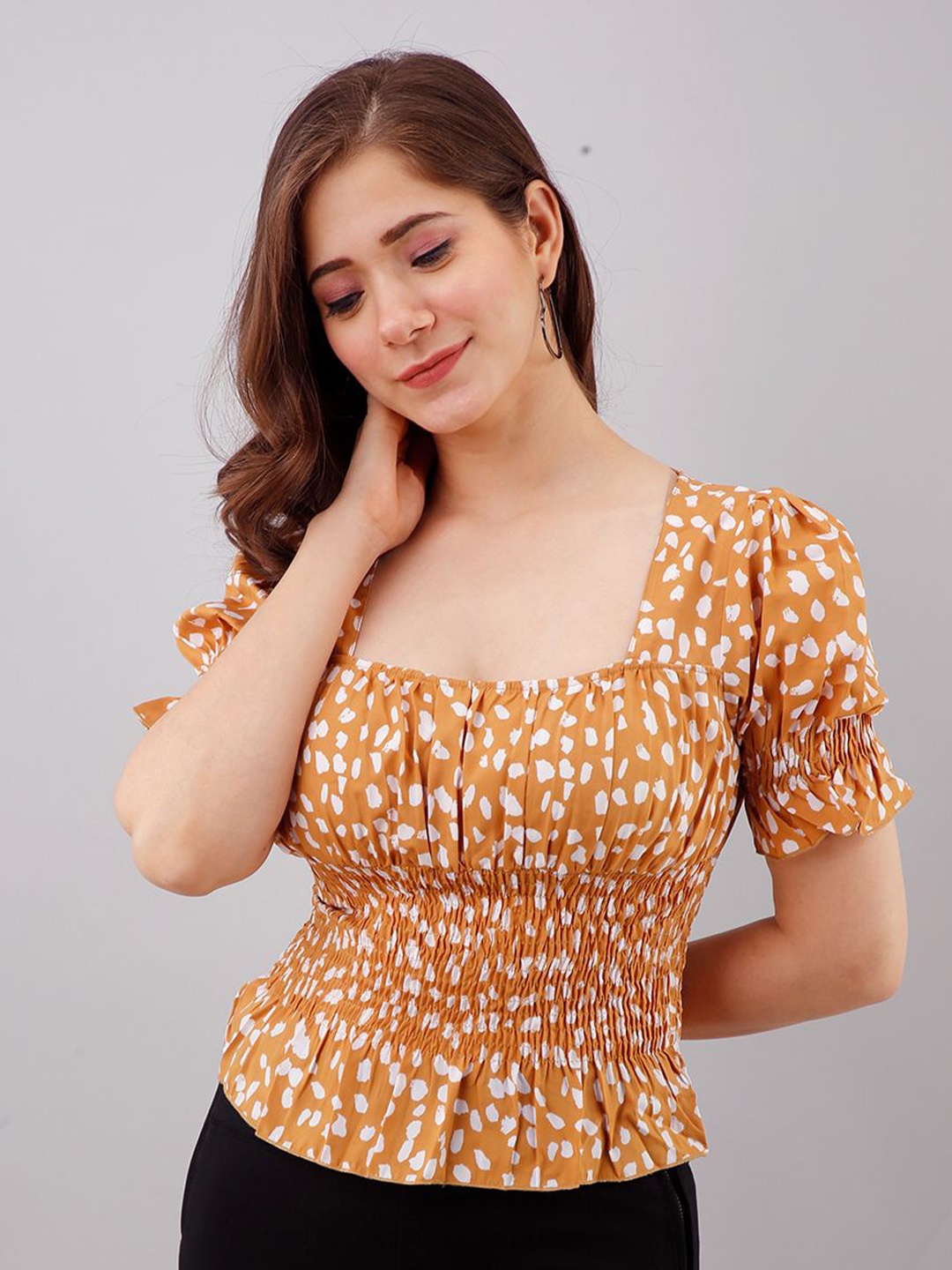

all about you Animal Print Puff Sleeve Crop Top, Yellow