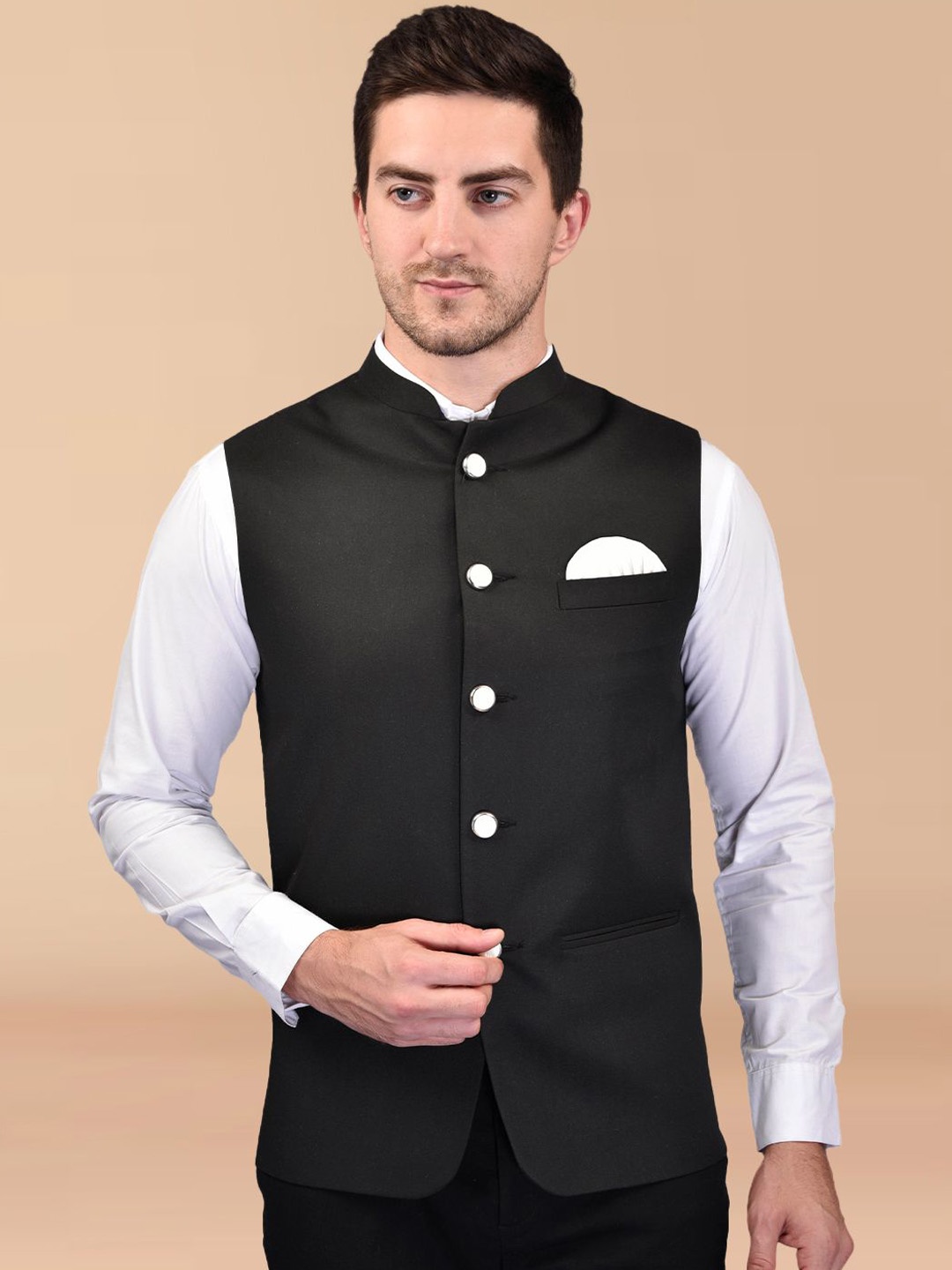 

BOWLIFESTYLE Mandarin Woven Nehru Jackets, Black