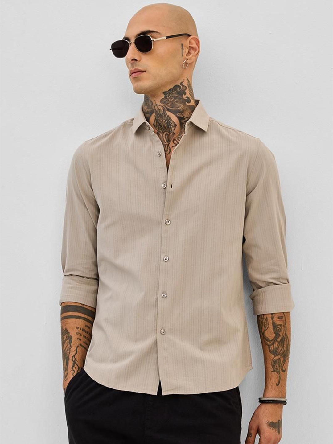 

Snitch Men Smart Slim Fit Opaque Striped Casual Shirt, Beige
