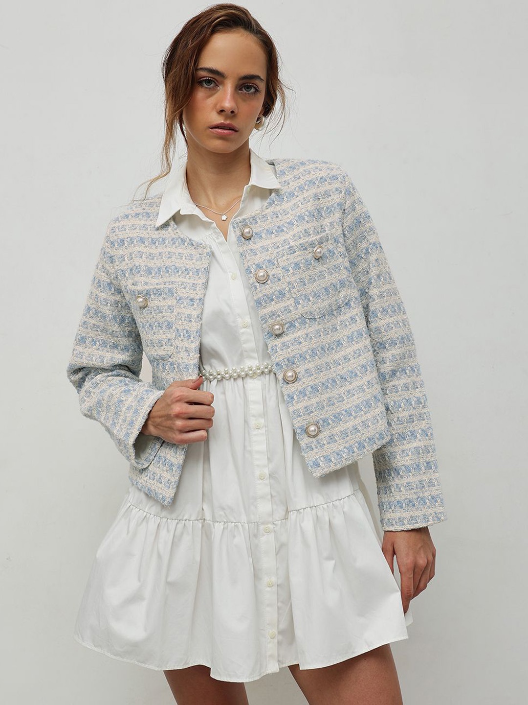 

STREET 9 Women Polyester Crop Tailored Jacket, Blue