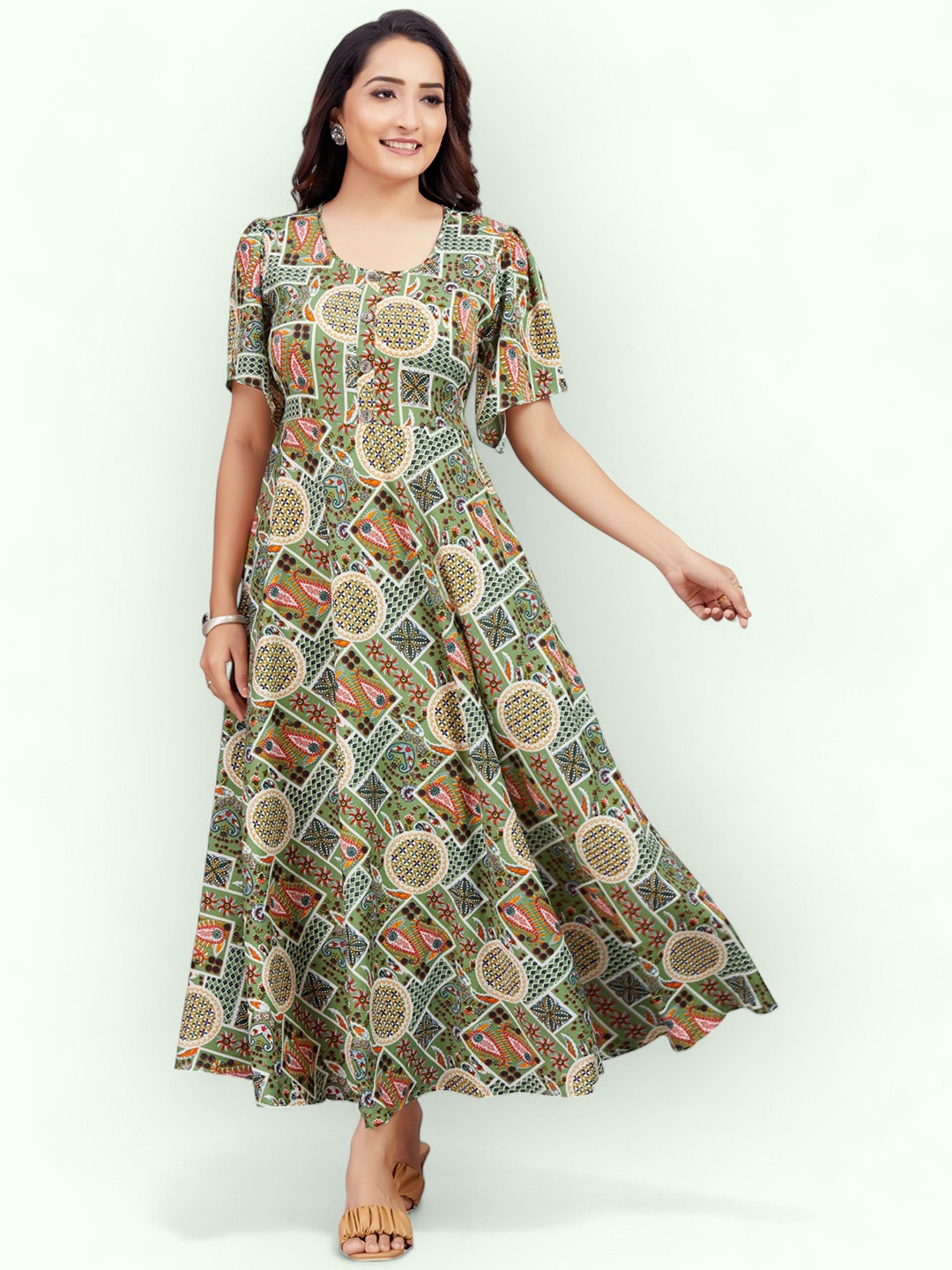 

PAMPER YOURSELF Print Georgette Fit & Flare Maxi Dress, Green